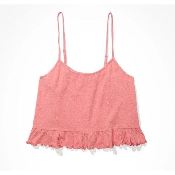 American Eagle Outfitters Tops - American Eagle Cropped Tank Top Size XL Pink Ruffle Hem NWT